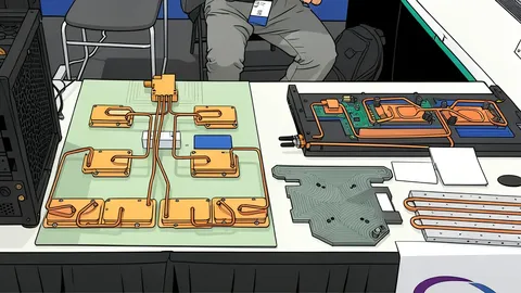 A server rack with copper heat pipes and liquid cooling blocks