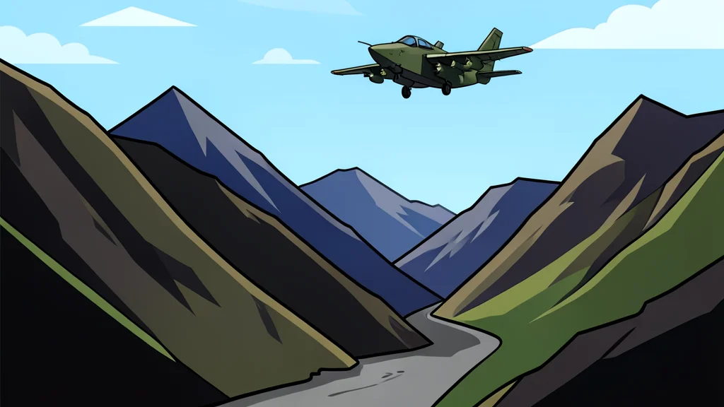 A rugged mountain pass along a border region with a military aircraft flying overhead