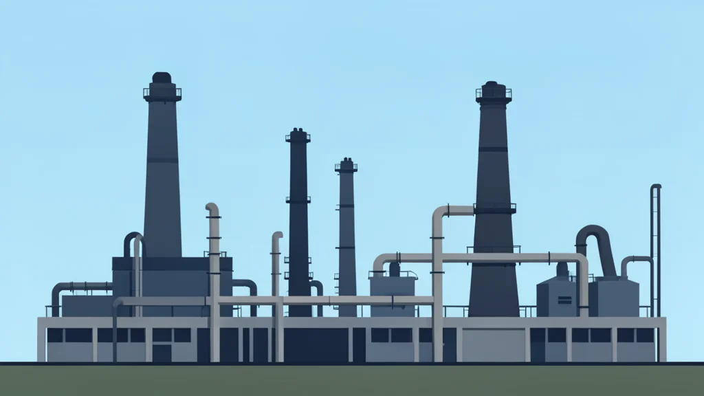 A large industrial refinery complex with tall distillation towers and interconnected piping against a clear sky
