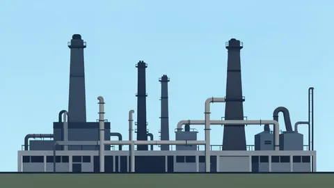 A large industrial refinery complex with tall distillation towers and interconnected piping against a clear sky