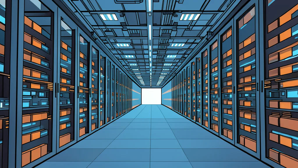A large industrial data center building with rows of cooling towers and server racks visible through glass walls