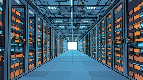 A large industrial data center building with rows of cooling towers and server racks visible through glass walls