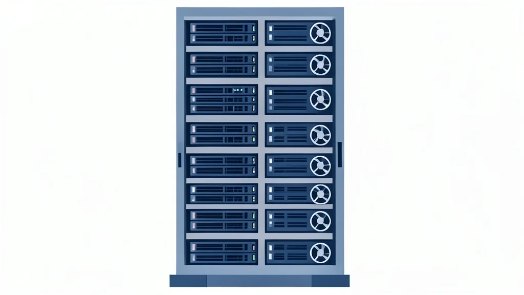 A stylized server rack with hard drives and cooling fans, representing video storage infrastructure.