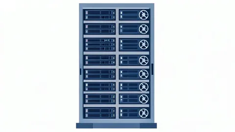 A stylized server rack with hard drives and cooling fans, representing video storage infrastructure.