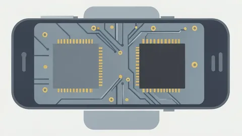 A close-up view of a smartphone's internal circuit board showing memory chips