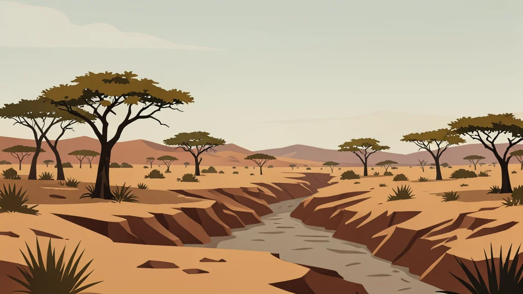 A flat-vector illustration of a dry, arid landscape with sparse acacia trees and dry riverbeds under a hazy sky.