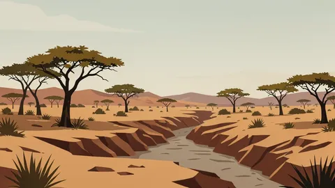 A flat-vector illustration of a dry, arid landscape with sparse acacia trees and dry riverbeds under a hazy sky.