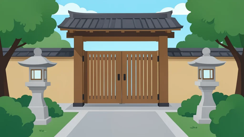 A traditional Japanese wooden gate and stone lanterns in a quiet garden