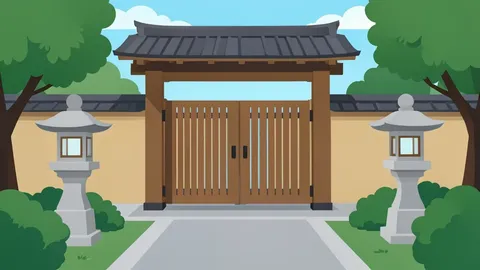 A traditional Japanese wooden gate and stone lanterns in a quiet garden