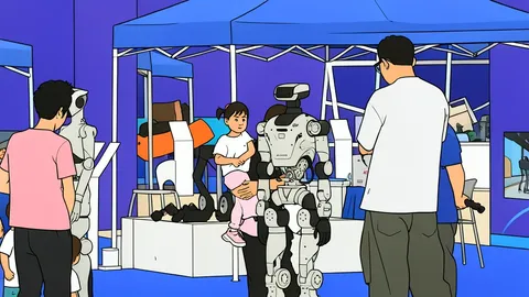 A flat vector illustration of a humanoid robot standing on a factory floor