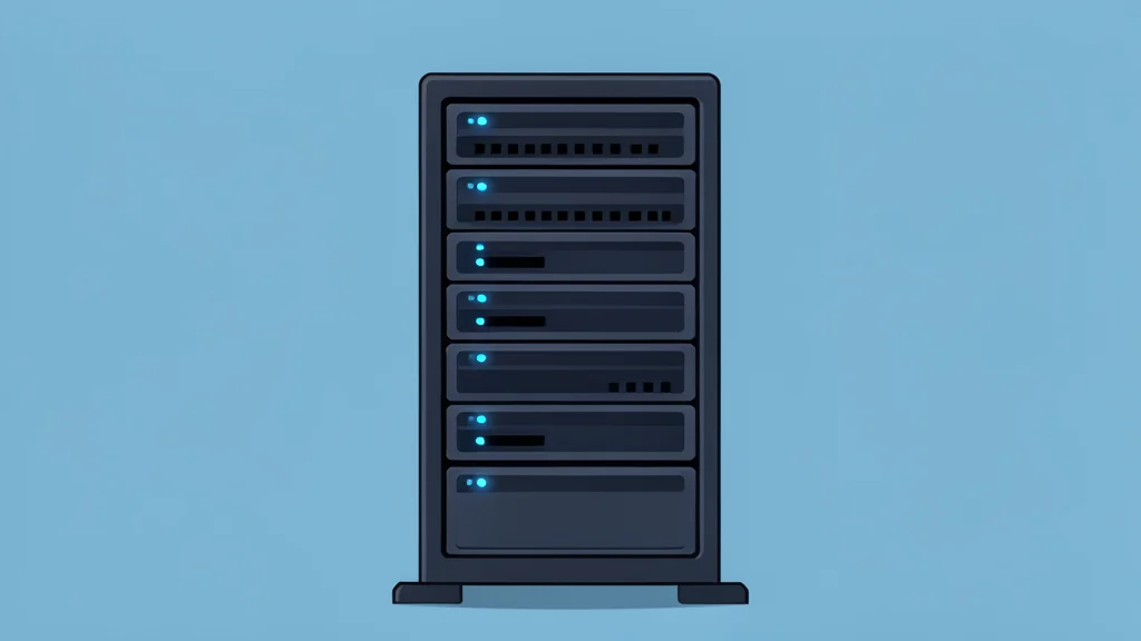 A stylized flat-vector illustration of a server rack in a data center with glowing blue lights.