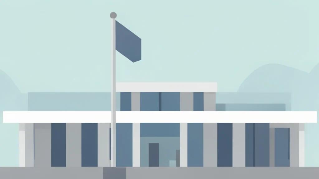 A modern government ministry building with a flagpole