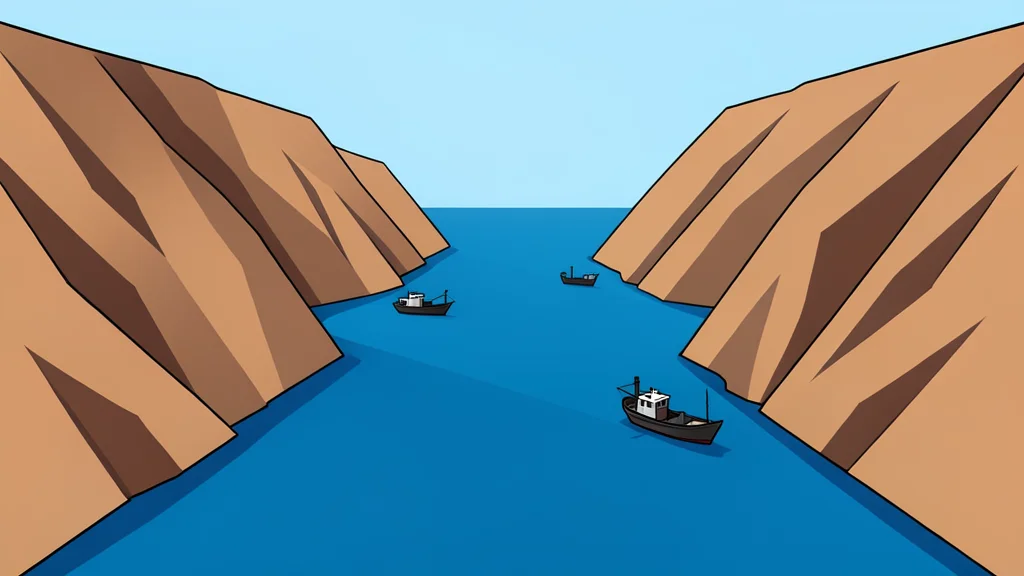 A narrow, deep-water strait connecting two large bodies of water, with steep, arid cliffs rising on either side and a few small fishing boats navigating the channel.