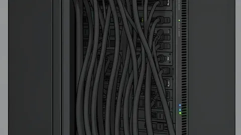 Rows of tall, black server racks with blinking indicator lights inside a large, cool data center hall