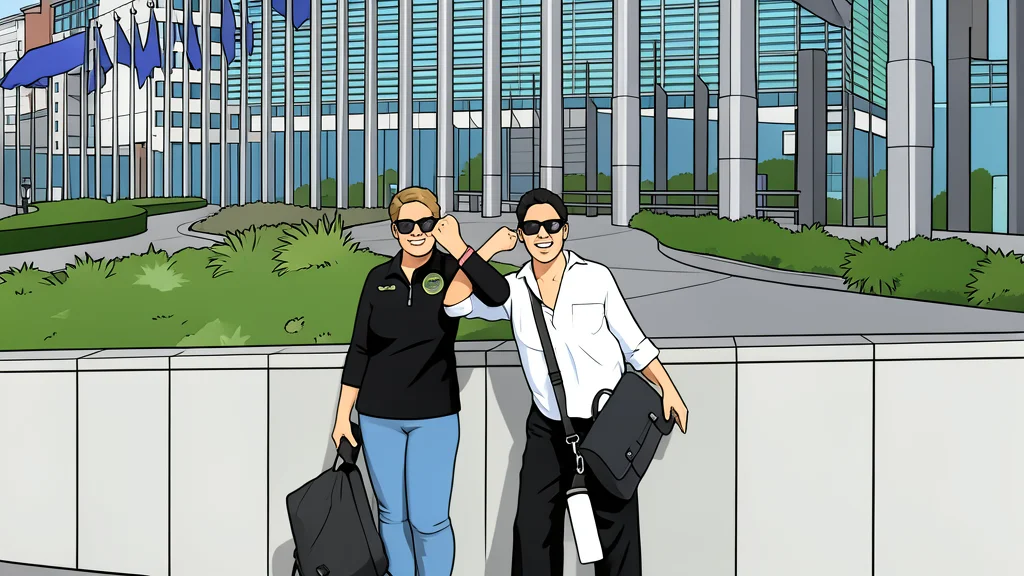 A stylized vector illustration of the European Parliament building in Brussels with a modern architectural style.