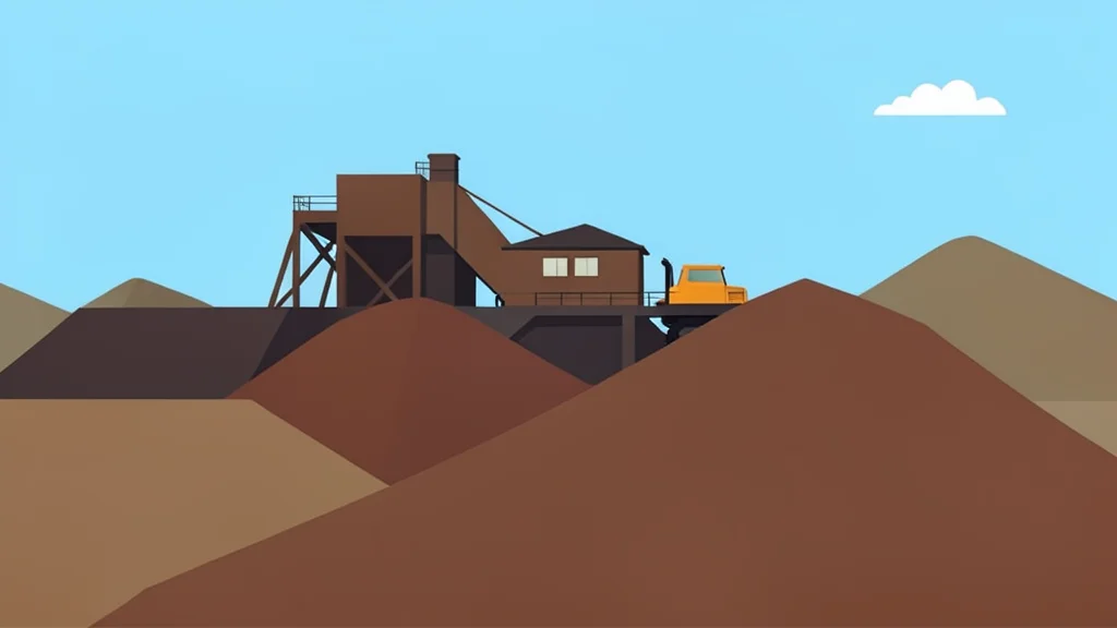 A large industrial mining facility with heavy machinery and piles of raw mineral ore