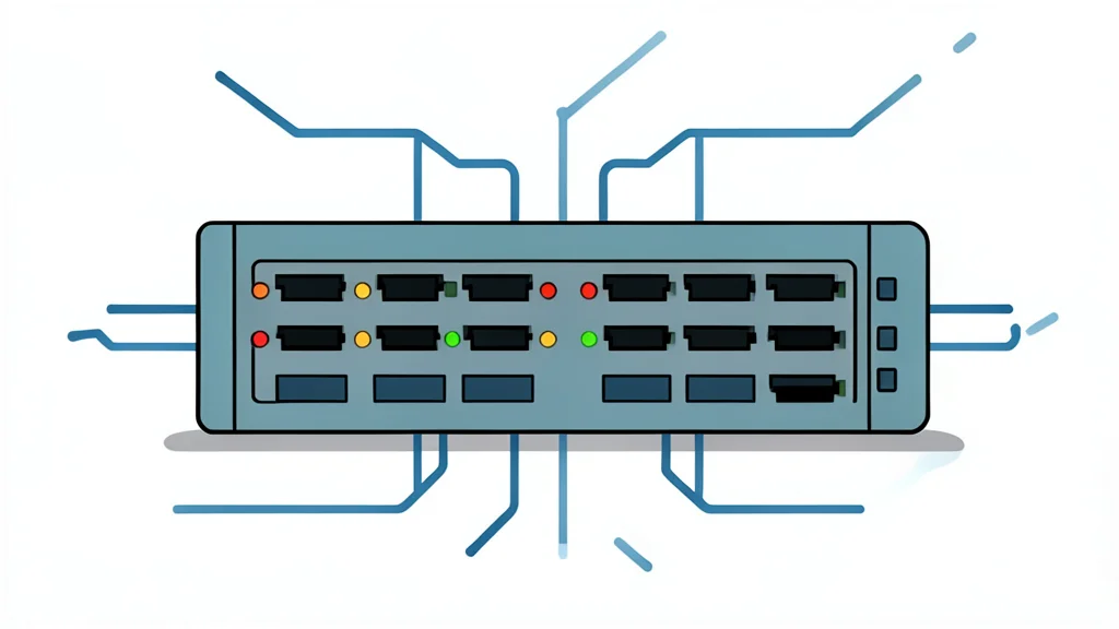 A network switch with multiple ethernet ports and blinking status lights