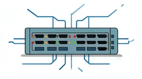 A network switch with multiple ethernet ports and blinking status lights