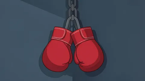 A pair of red leather boxing gloves hanging from a heavy chain in a dimly lit gym corner