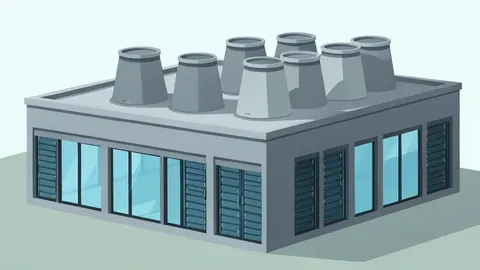 A large industrial data center building with rows of cooling towers and server racks visible through glass windows