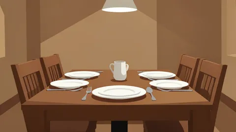 A wooden dining table set with ceramic plates and silverware in a warm, rustic restaurant interior