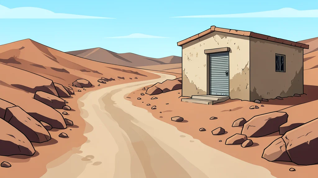 A dusty, unpaved road winding through a dry, rocky landscape in Yemen, leading towards a small, weathered clinic building with a closed shutter.