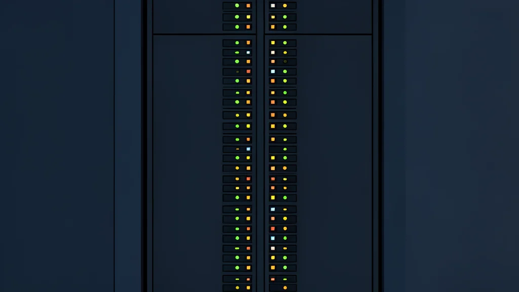 A dark server rack with blinking status lights in a data center