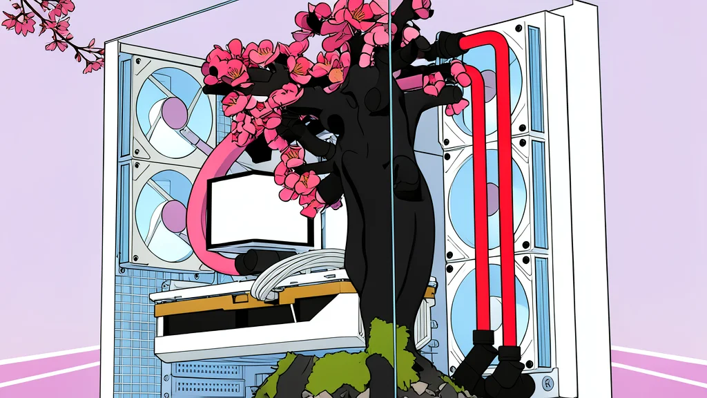 A stylized computer case featuring a tree trunk with flowers blooming in response to heat.