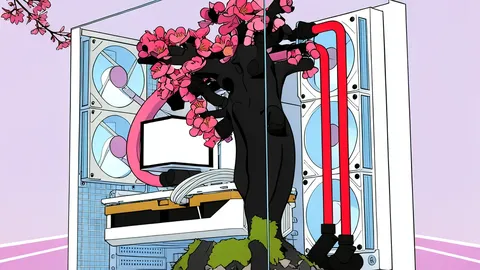 A stylized computer case featuring a tree trunk with flowers blooming in response to heat.