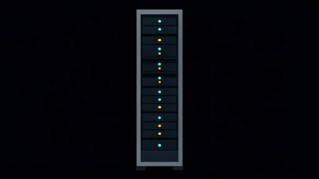 A large server rack with blinking status lights in a dark room