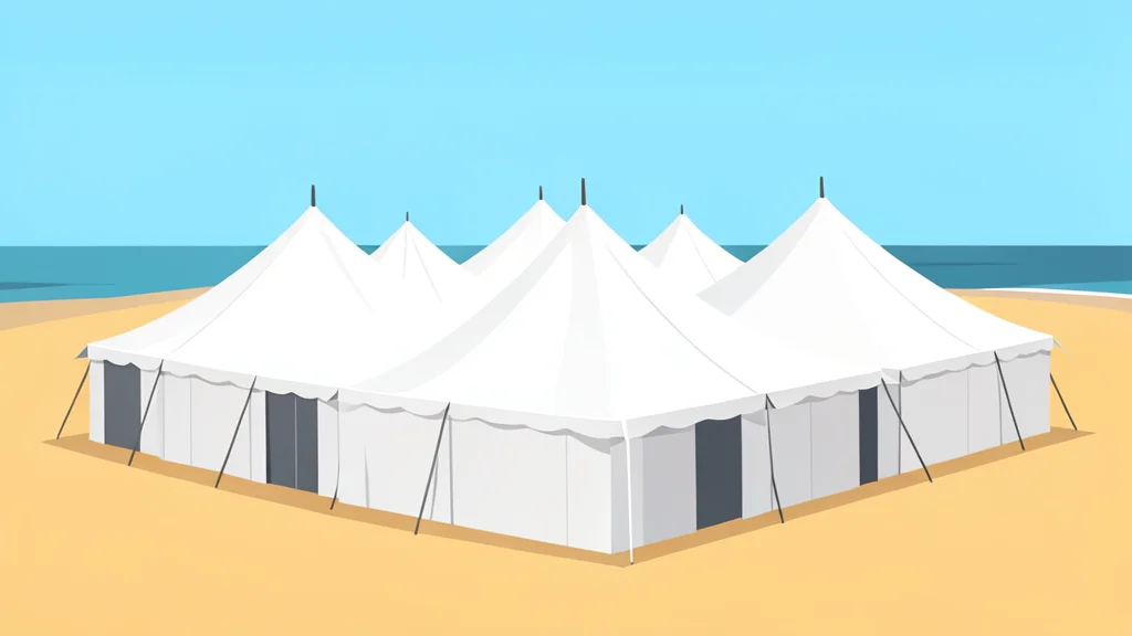 A cluster of white canvas tents set up on sandy ground in a coastal area