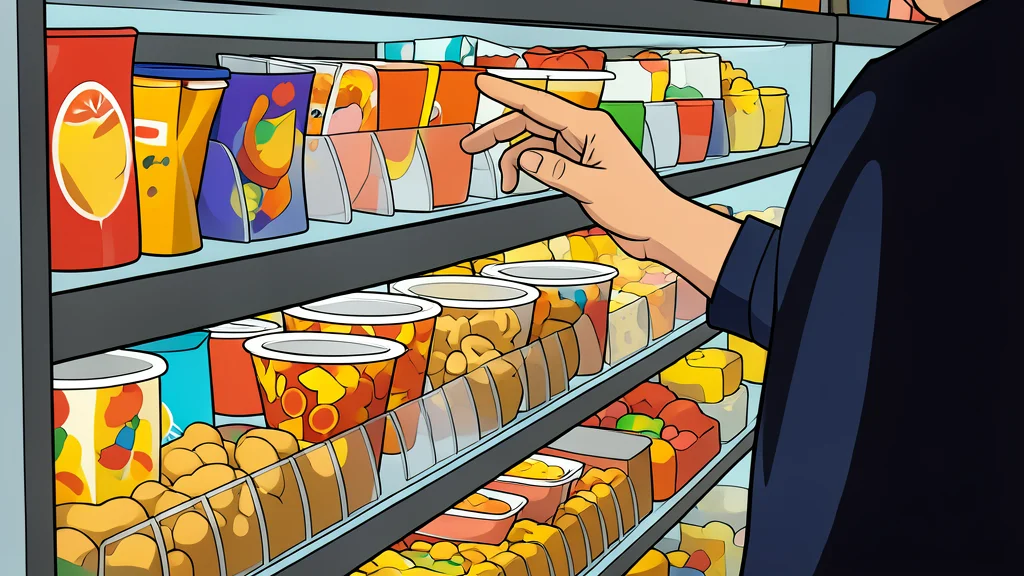 A flat-vector illustration of a convenience store checkout counter featuring a fuel pump nozzle and generic packaged snacks.