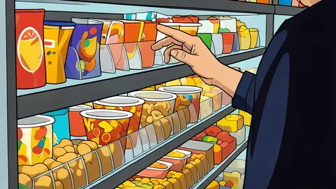 A flat-vector illustration of a convenience store checkout counter featuring a fuel pump nozzle and generic packaged snacks.