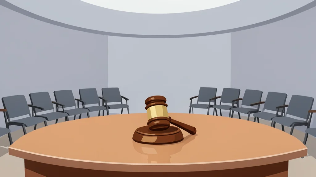 A wooden gavel resting on a polished table in a large, circular assembly hall with rows of empty chairs