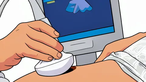 A flat vector illustration of a handheld medical ultrasound device with a probe attached, set against a neutral background.