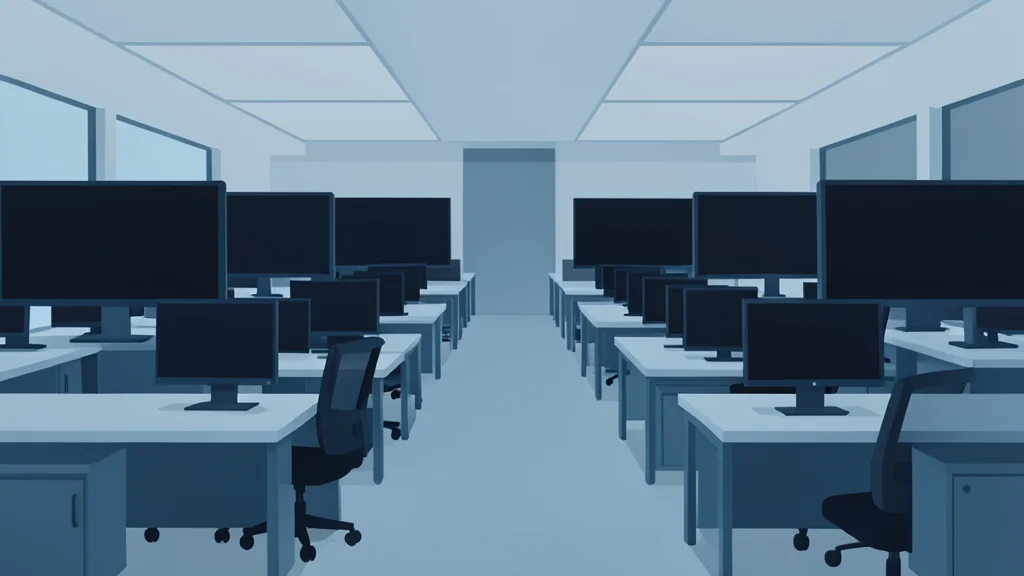 A flat vector illustration of a trading floor with rows of empty desks and dark monitors.