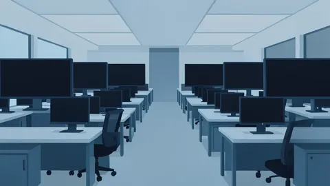 A flat vector illustration of a trading floor with rows of empty desks and dark monitors.