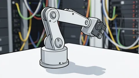 A robotic arm holding a knife above a table with a baguette and a doll