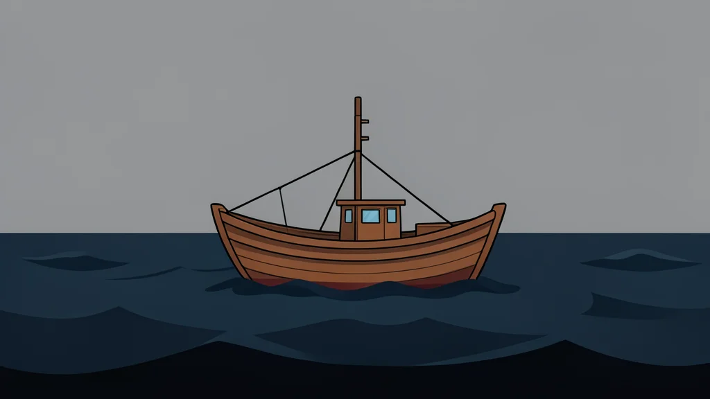 A small wooden fishing boat floating on dark, choppy ocean water under a grey sky
