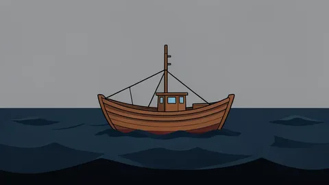 A small wooden fishing boat floating on dark, choppy ocean water under a grey sky
