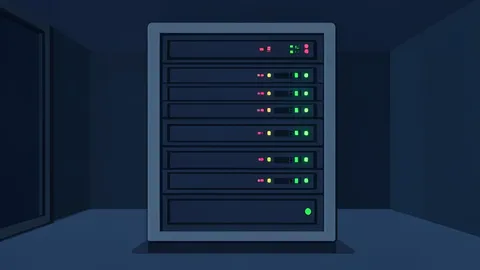 A server rack with blinking status lights in a dark data center