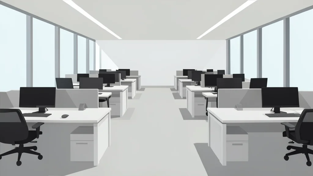 A modern financial office interior with rows of desks and computer workstations