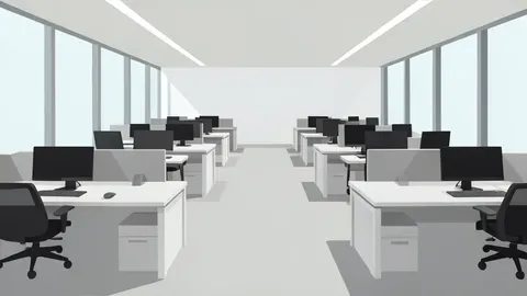 A modern financial office interior with rows of desks and computer workstations