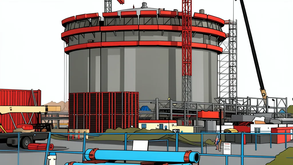 A large, cylindrical white storage tank with a domed roof standing on a concrete foundation near a body of water