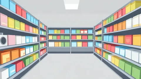A flat-vector illustration of a convenience store aisle stocked with shelves of packaged goods.