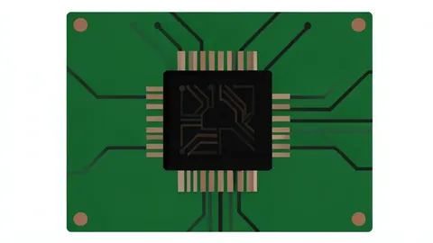 A close-up of a black integrated circuit chip mounted on a green printed circuit board
