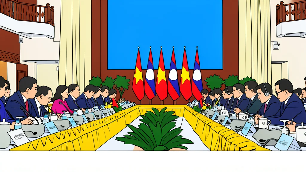 A flat vector illustration of a diplomatic meeting room with two national flags standing on a table