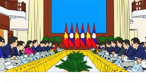 A flat vector illustration of a diplomatic meeting room with two national flags standing on a table