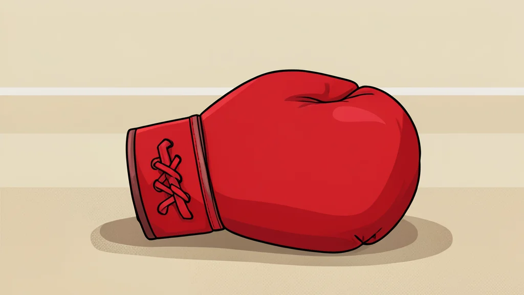 A pair of red boxing gloves resting on a textured canvas ring floor
