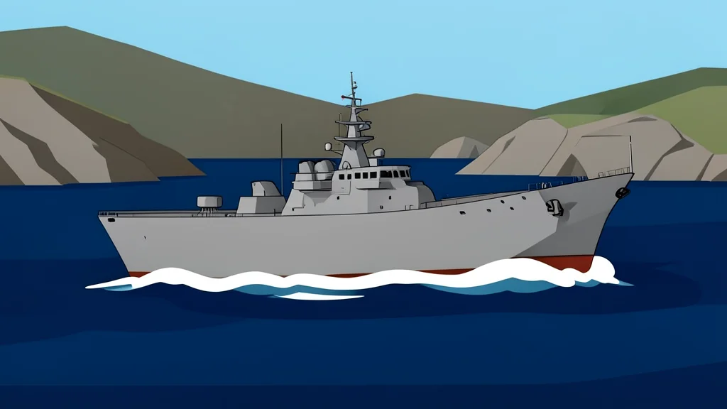 A grey naval warship hull cutting through dark blue water near a rocky coastline